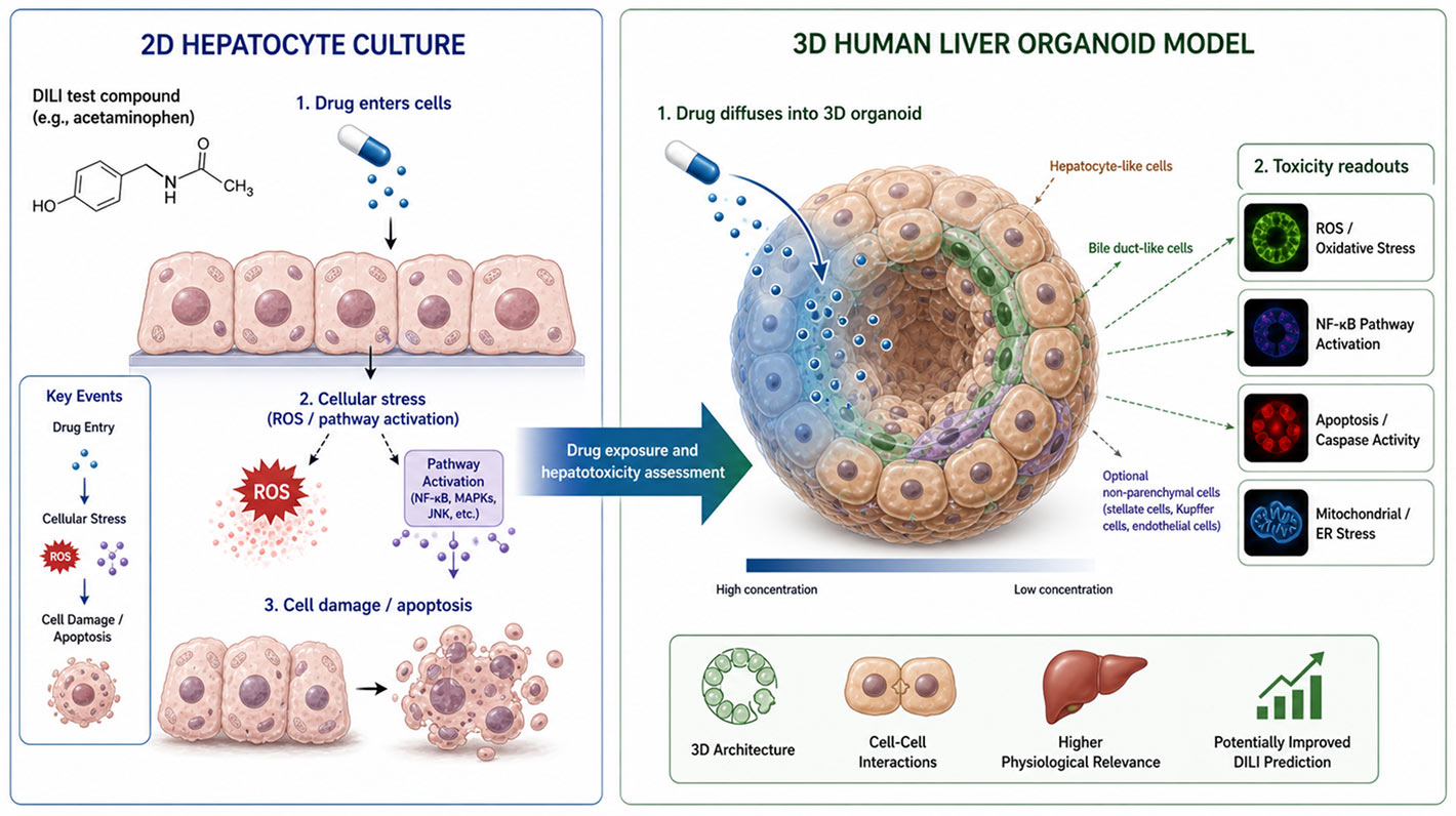 Chart comparing 2d hepatocyte culture and 3d human liver organoid for hepatotoxicity drug induced liver injury study Cytrix